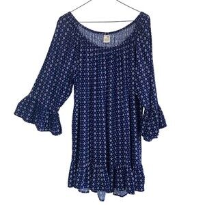 Terra & Sky Women's Tunic Top 1X Boho Peasant Navy Blue Geometric Off Shoulder